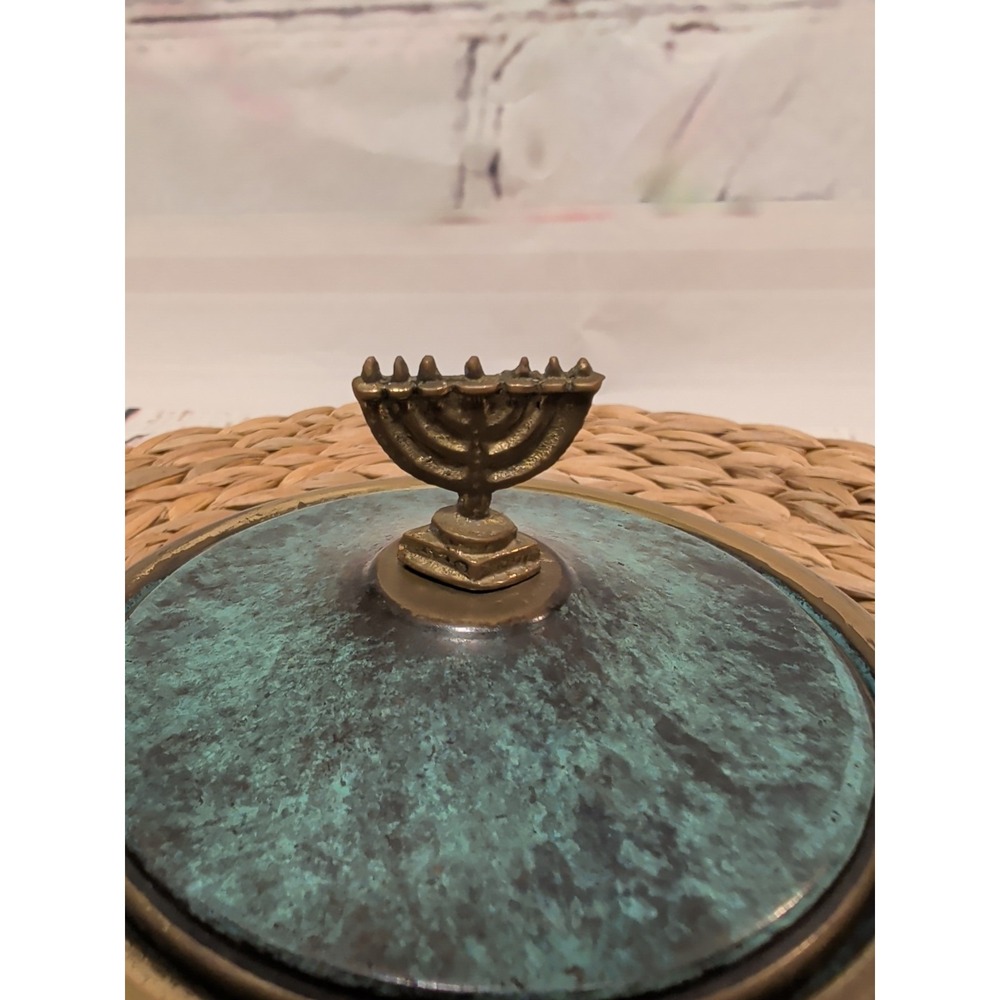 Brass Lidded Bowl with A Verdigris Finish Menorah Finial - Picture 3 of 10